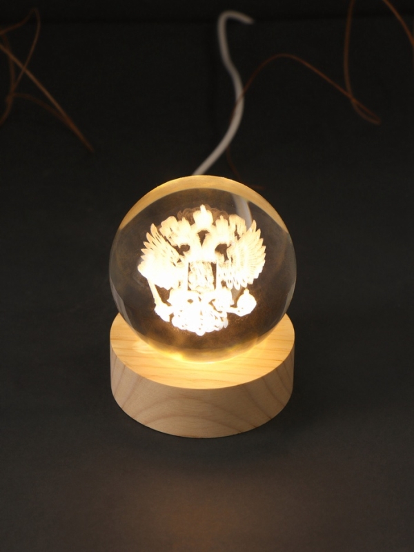 Сувенир стекло подсветка "Шар. Герб" d=6 см подставка дерево, USB