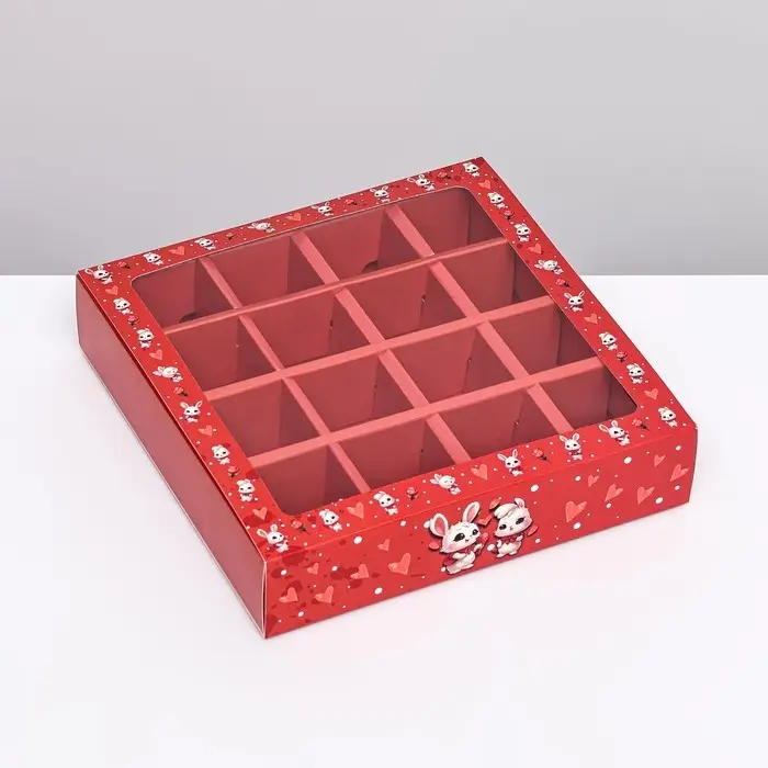 Коробка под 16 конфет, красная &laquo;Зайки&raquo; 17.7&times;17.7&times;3.8 см