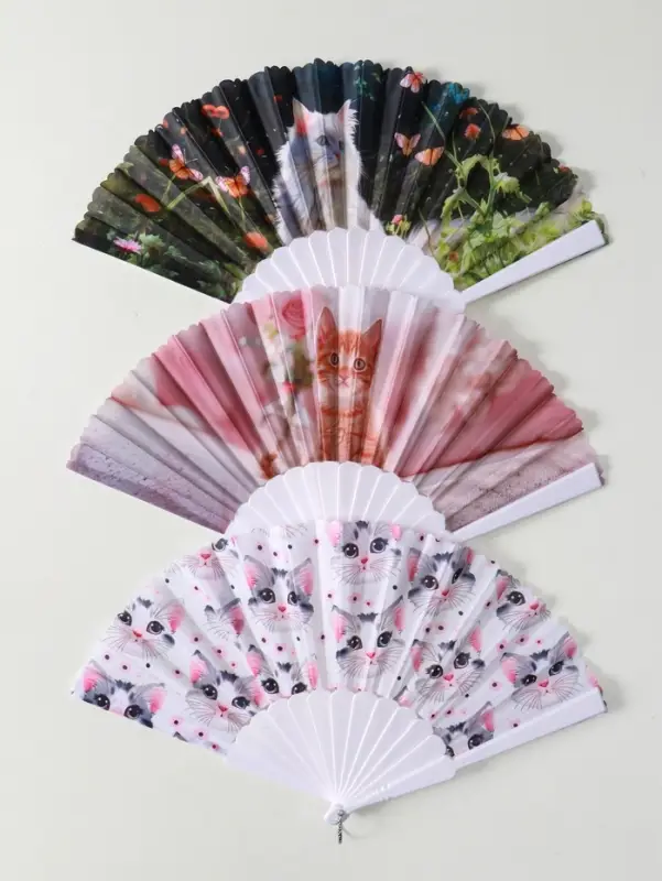 Веер пластик, текстиль "Кошечки и цветы" МИКС широкие лопасти 23 см