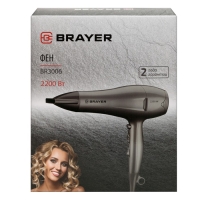Фен BRAYER 3006BR, 2200 Вт, 2 cкорости, 3 температурных режима, концентратор, серый Фен BRAYER 3006BR, 2200 Вт, 2 cкорости, 3 температурных режима, концентратор, серый