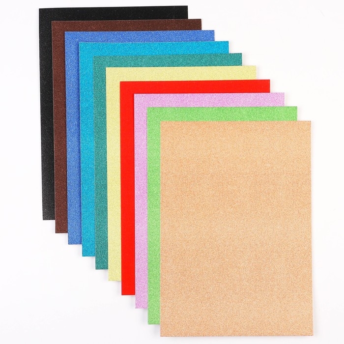 Картон цветной с блёстками, А4, 10 листов, 10 цветов, немелованный, односторонний, в пакете, 250 г/м&sup2;, Тачки