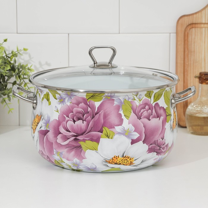 Кастрюля эмалированная &laquo;Пион&raquo;, 5.7 л, стеклянная крышка, индукция