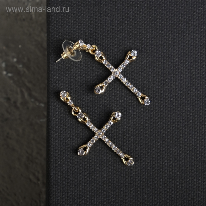 Серьги со стразами &laquo;Крестики&raquo; вставки, цвет белый в золоте