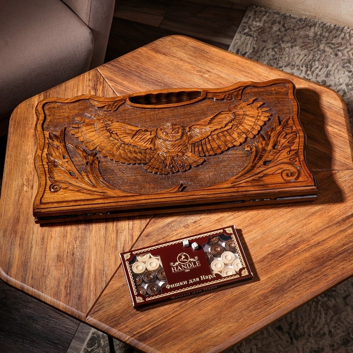 Нарды ручной работы Нарды ручной работы "Филин", глубокая резка, с ручкой, 60х30 см, с шахматным полем, массив ореха, Армения