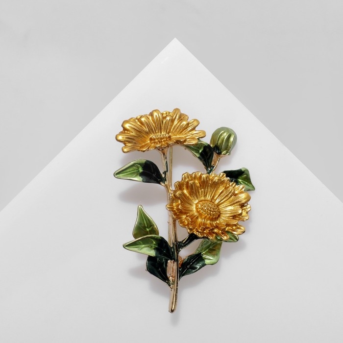 Брошь "Цветы" календула, цвет желто-зеленый в золоте