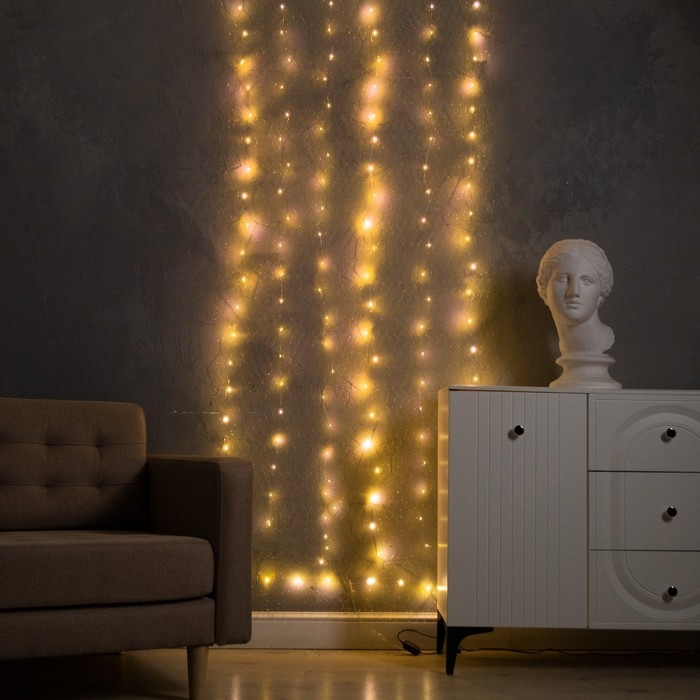 Гирлянда &laquo;Звёздное небо&raquo; 1 &times; 5 м роса, IP44, УМС, серебристая нить, 300 LED, свечение тёплое белое