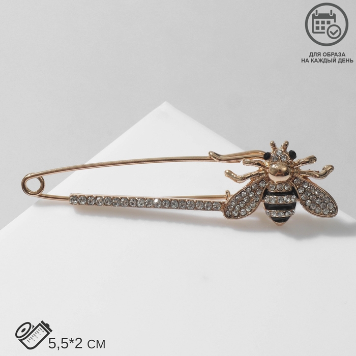 Булавка &laquo;Пчела&raquo; со стразами, 5,5 см, цвет чёрно-белый в золоте