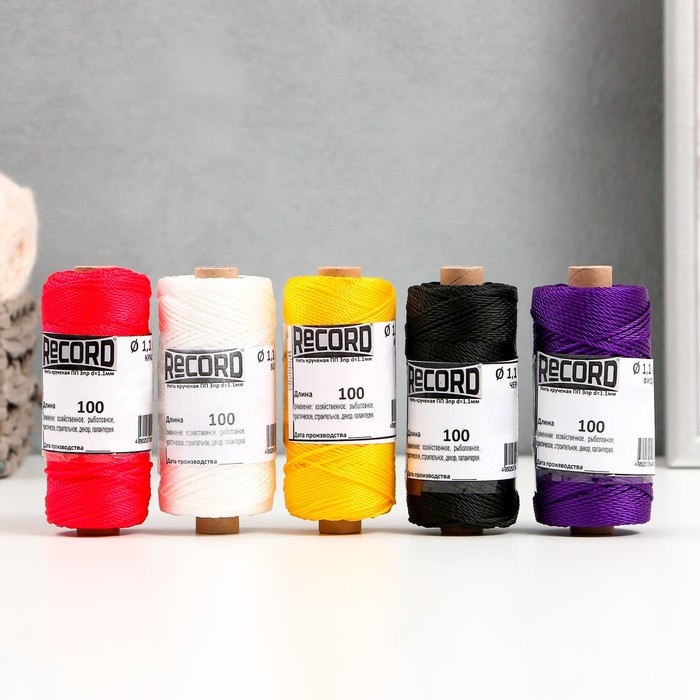 Нить кручёная ПП 3пр d=1,1 мм 100 м (крас.,белый, жел.,черн.,фиол.,набор 5 шт)