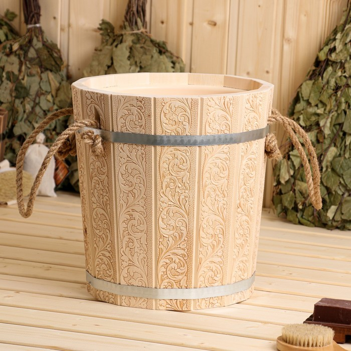 Запарник-ведро из липы, 10 л, с пластиковой вставкой, "Русские узоры"