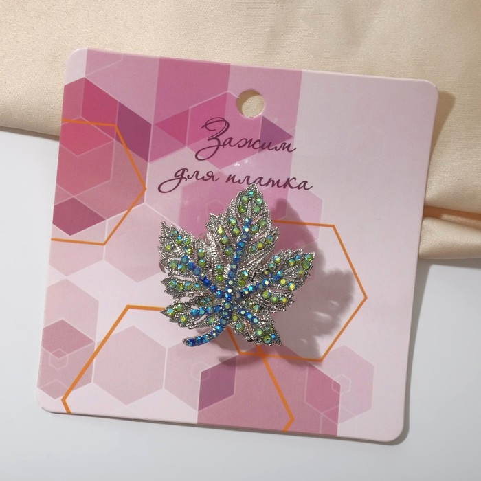 Кольцо для платка &laquo;Лист&raquo;, цвет радужно-синий в серебре