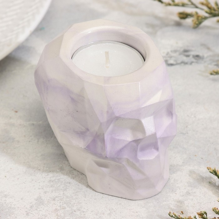 Подсвечник "Череп" из гипса с гранями, 6х9х6,5см,мрамор с фиолетовыми полосками