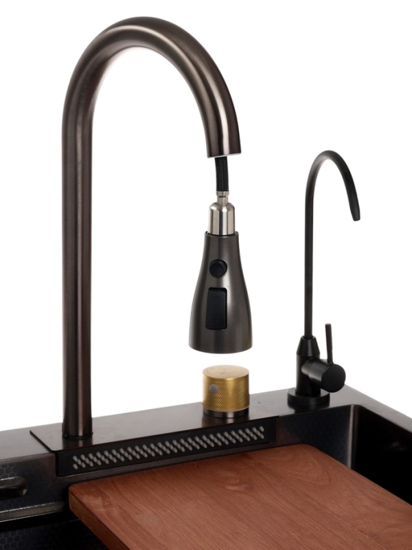 Кухонная мойка ZEIN M04, S=3.0 и 0.7 мм, смеситель, корзины, кран для питьевой воды, графит