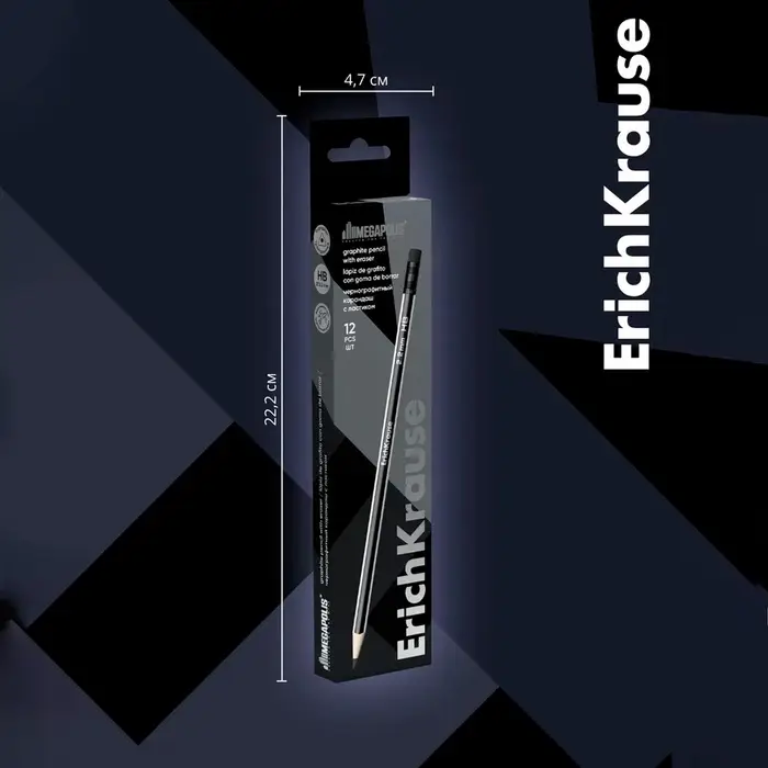 Карандаш чернографитный, ErichKrause &laquo;Megapolis&raquo;, HB, d=2.2 мм, с ластиком, трёхгранный в коробке, дерево