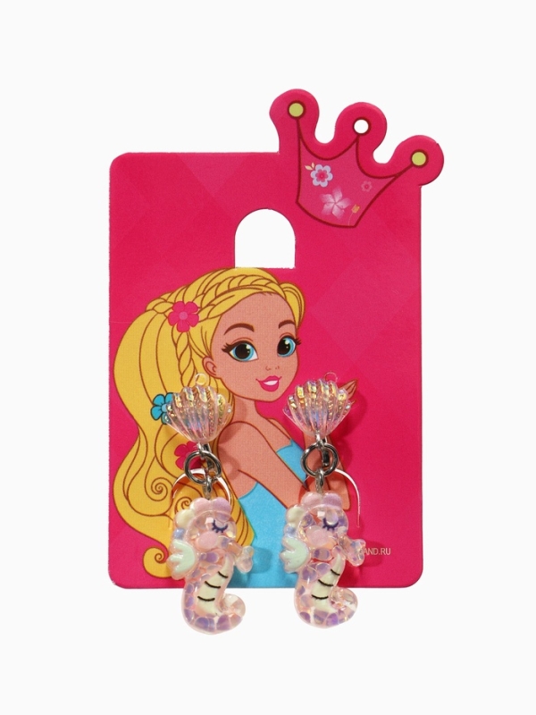 Серьги-клипсы детские "Выбражулька" морской конек с ракушкой перламутр, цвет розово-белый