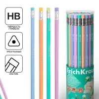 Карандаш чернографитный с ластиком ErichKrause "Pastel Bloom", НВ, грифель d=2,2 мм, дерево, трехгранный в тубусе, микс