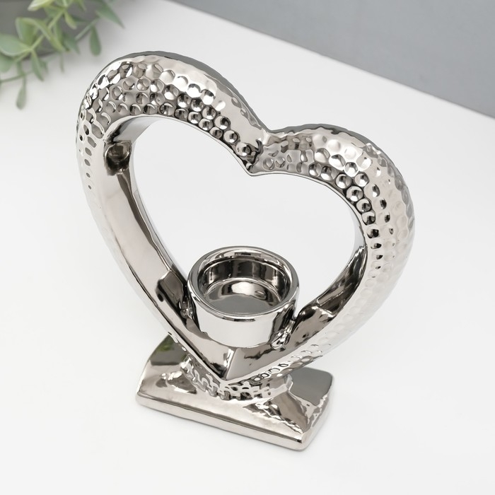 Подсвечник керамика на 1 свечу "Сердце на подставке" d=4 см серебро 17х5,5х19,5 см