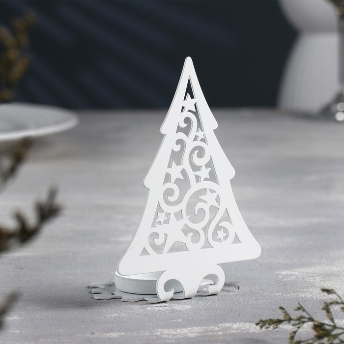 Новый год Подсвечник "Ёлка со звездами" металл на одну свечу, 6,6х10х13 см, белый