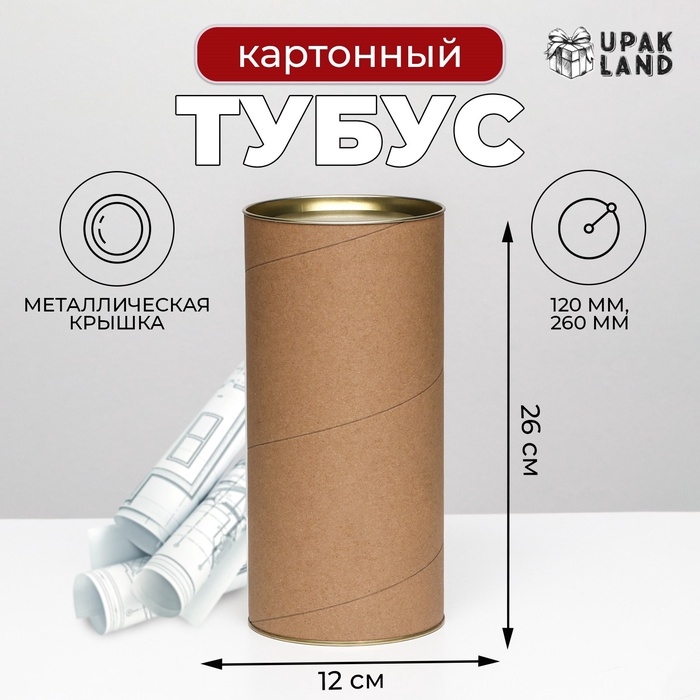 Тубус 120х260 мм (240 мм внутр. высота), картон, металлическая крышка Тубус 120х260 мм (240 мм внутр. высота), картон, металлическая крышка