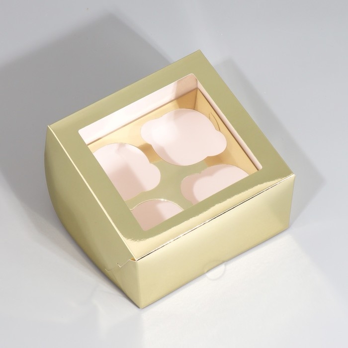 Коробка для капкейков, кондитерская упаковка с окном, 4 ячейки &laquo;Шампань&raquo;, 16 х 16 х 10 см