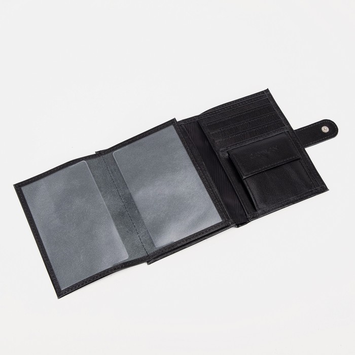 Портмоне мужское на кнопке 3 в 1 для автодокументов и паспорта, для карт, для монет, цвет чёрный Портмоне мужское на кнопке 3 в 1 для автодокументов и паспорта, для карт, для монет, цвет чёрный