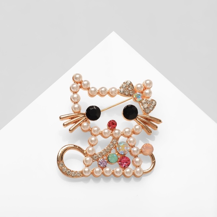 Брошь &laquo;Котёнок&raquo; из жемчуга, цветная в золоте