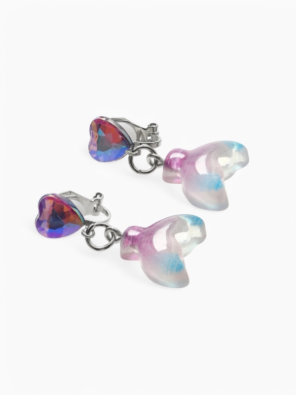 Серьги-клипсы детские "Выбражулька" хвост русалки с сердцем кристалл, цветные