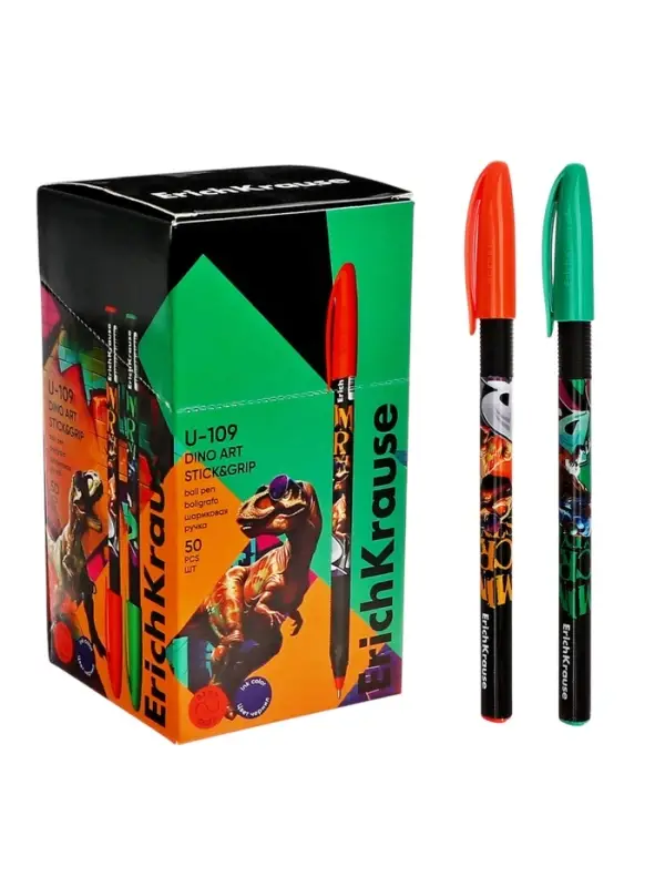 Ручка шариковая ErichKrause U-109 Stick&Grip Dino Art, 1.0мм, рез.держатель, синяя