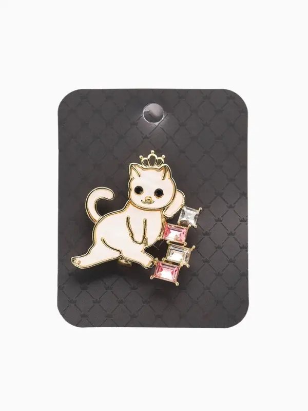 Брошь "Кошечка" в короне, бело-розовая в золоте