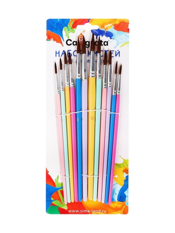 Набор кистей пони круглые 12 штук с цветными ручками пастель(№1,2,3,4,5,6,7,8,9,10,11,12)