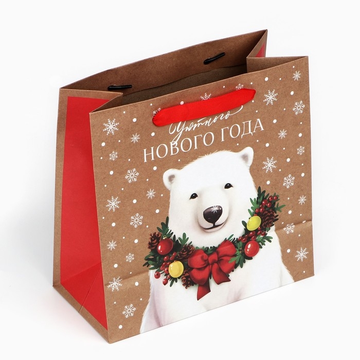 Пакет подарочный новогодний крафтовый квадратный &laquo;Новогодний мишка&raquo;, 22 х 22 х 11 см, Новый год