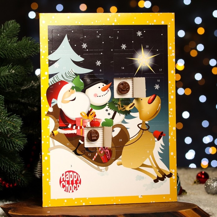 Новый год. Адвент-календарь с мини-плитками из молочного шоколада "Счастливый санта", МИКС, 50 г