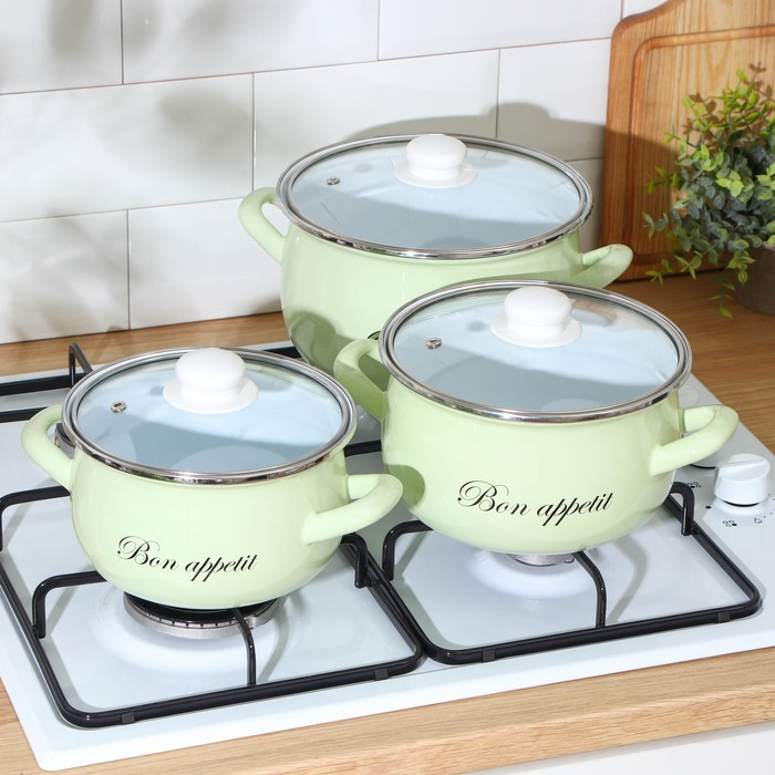 Набор кастрюль &laquo;Лайм&raquo;, 3 предмета: 2,1 л, 3,1 л, 4 л, индукция, цвет светло-зелёный