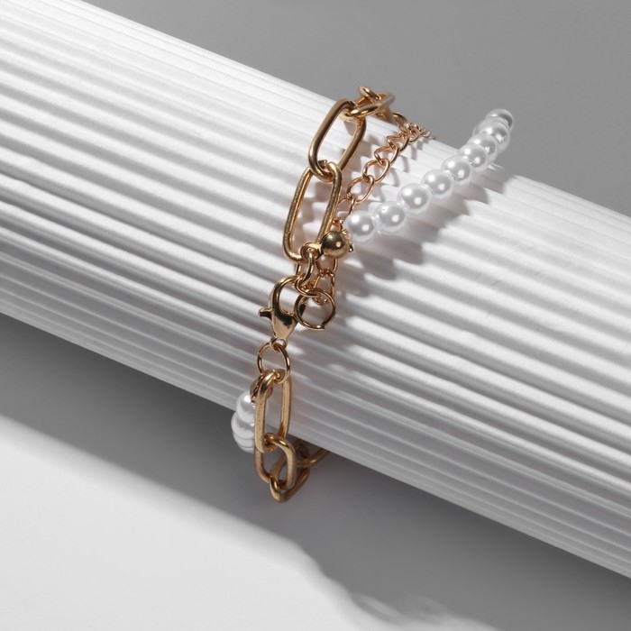 Браслет жемчуг &laquo;Замок&raquo; шар №8, цвет бело-серый в золоте, L=16 см