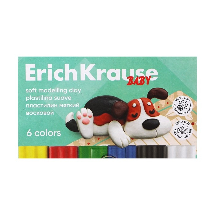 Пластилин мягкий (восковой) 6 цветов, 78 г, ErichKrause Пластилин мягкий (восковой) 6 цветов, 78 г, ErichKrause "Baby", со стеком, на растительно основе, с Алоэ Вера , европодвес