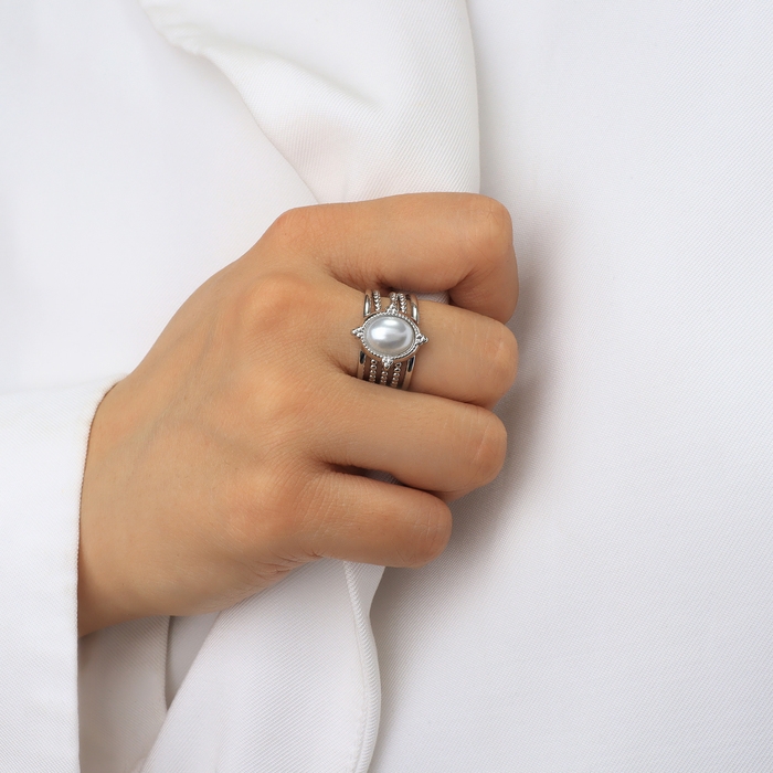 Кольцо с жемчугом &laquo;Богема&raquo; цвет белый в серебре, безразмерное