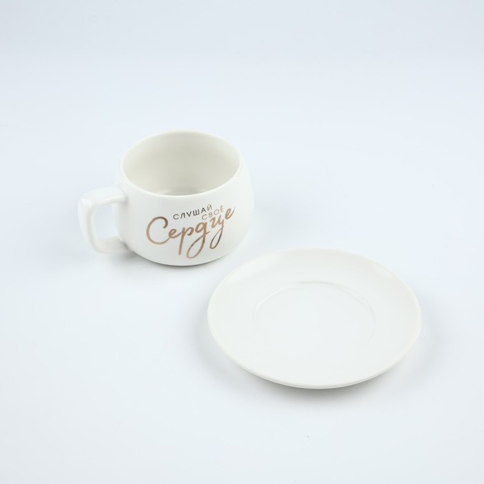 Чайная пара керамическая «Слушай своё сердце», 300 мл , цвет белый Чайная пара керамическая «Слушай своё сердце», 300 мл , цвет белый