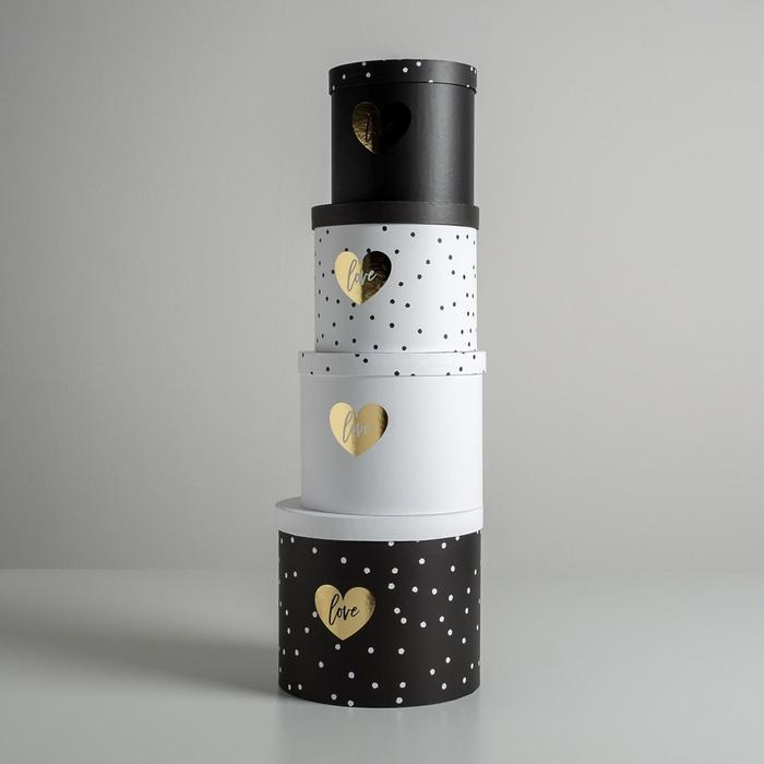 Набор шляпных коробок для цветов 4 в 1, упаковка подарочная, &laquo;Чёрно-белый&raquo;, 14 х 13 см - 20 х 17,5 см