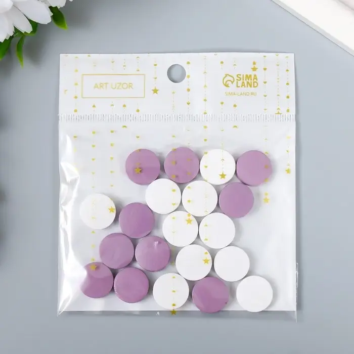 Бусины для творчества дерево "Плоский круг" набор 20 шт белый, сиреневый 0,4х1,5х1,5 см