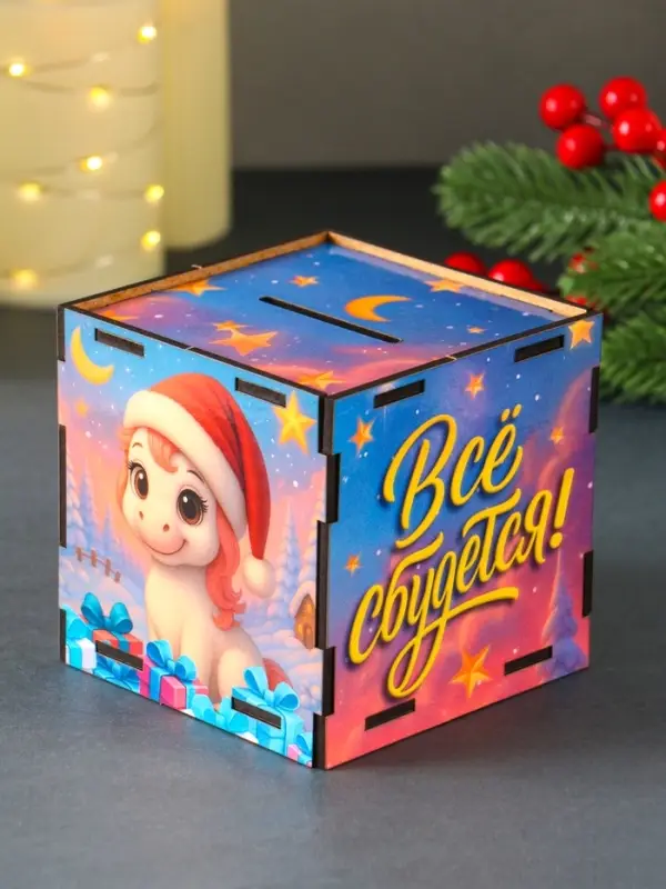 Новогодняя копилка куб "Лошадка. Все сбудется" 10х10х10 см (набор 7 деталей)