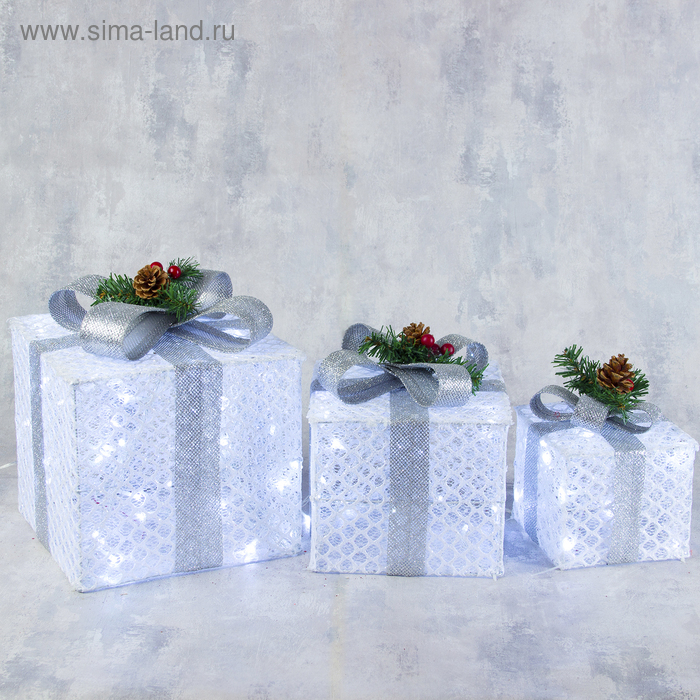Светодиодная фигура &laquo;Подарки с серой лентой&raquo; 15, 20, 25 см, текстиль, металл, 220 В, свечение белое