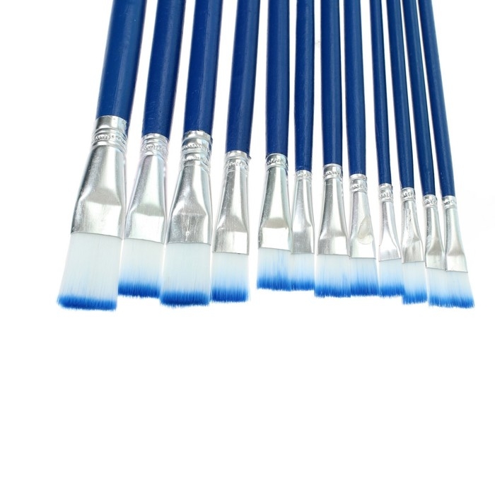 Набор кистей нейлон, плоские, 12 штук (№1, 2, 3, 4, 5, 6, 7, 8, 9, 10, 11, 12) с деревянными ручками