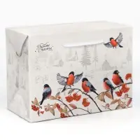 Пакет&mdash;коробка &laquo;Зима в деревне&raquo;, снегири, 28 х 20 х 13 см