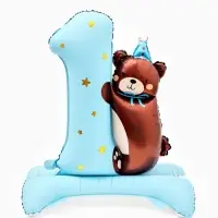 Воздушный шар фольгированный 32" "Цифра 1 с мишкой"  цвет голубой, под воздух