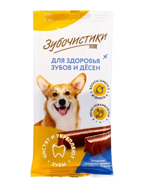 Зубочистики Жевательные палочки для собак средних пород со вкусом говядины, 100гр