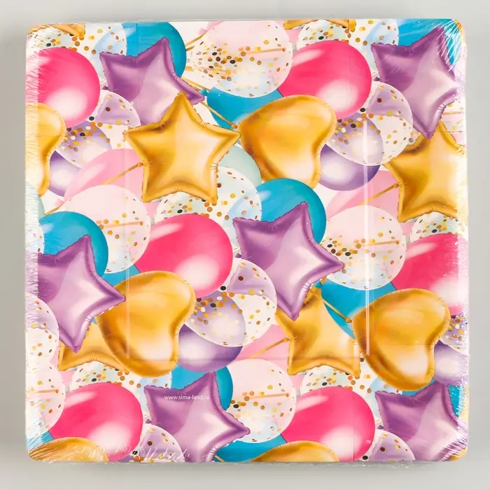 Тарелка одноразовая бумажная квадратная "С днём рождения" шары