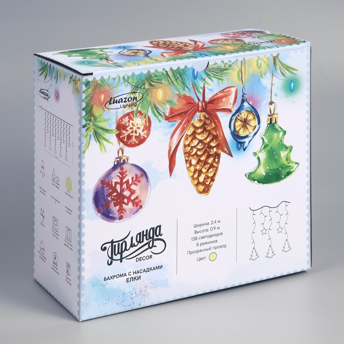 Гирлянда &laquo;Бахрома&raquo; 2.4 &times; 0.9 м с насадками &laquo;Ёлки&raquo;, IP20, прозрачная нить, 138 LED, свечение тёплое белое, 8 режимов, 220 В
