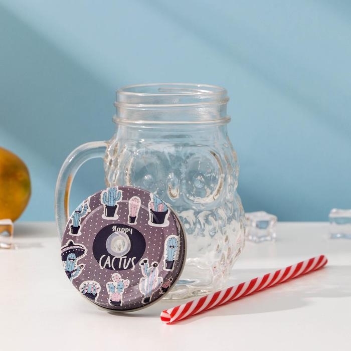 Кружка стеклянная с крышкой и трубочкой &laquo;Сова&raquo;, 470 мл, 10&times;11,5&times;12,5 см, цвет МИКС