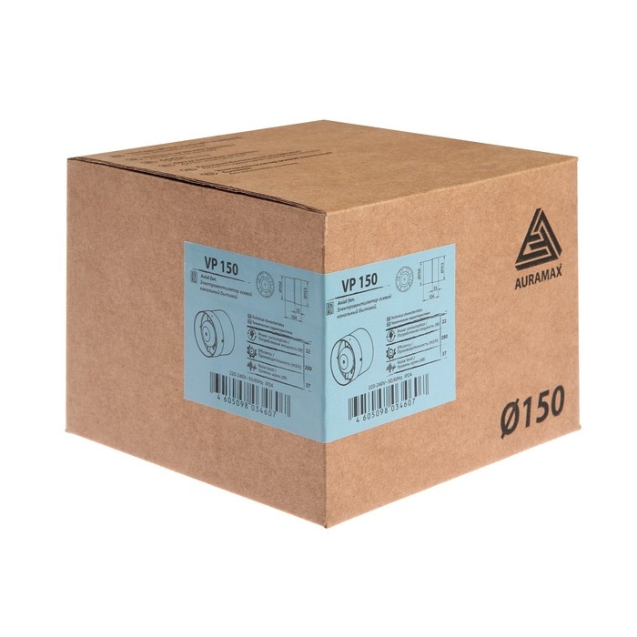 Вентилятор вытяжной AURAMAX VP 150, 153x153 мм, d=150 мм, 220 В, 22 Вт, 37 дБ, канальный