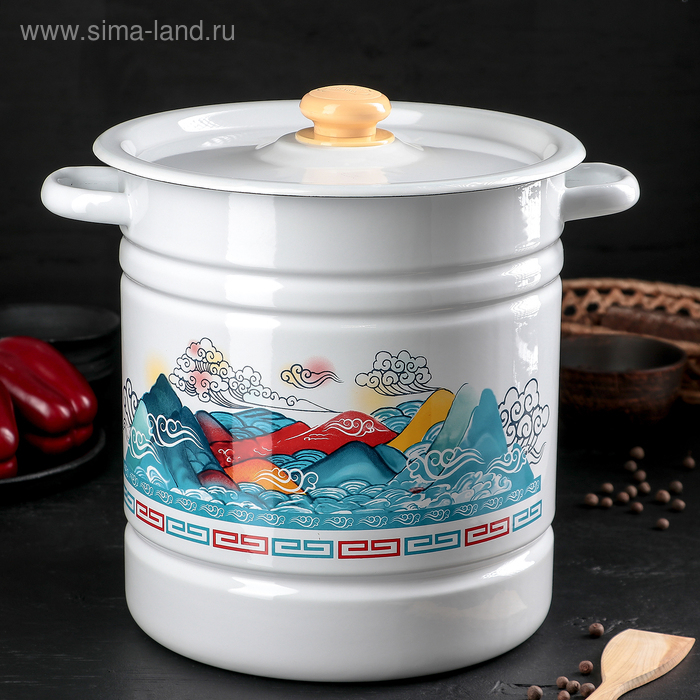 Позница-мантоварка эмалированная, 12 л, 4 вставки, цвет белый, деколь МИКС