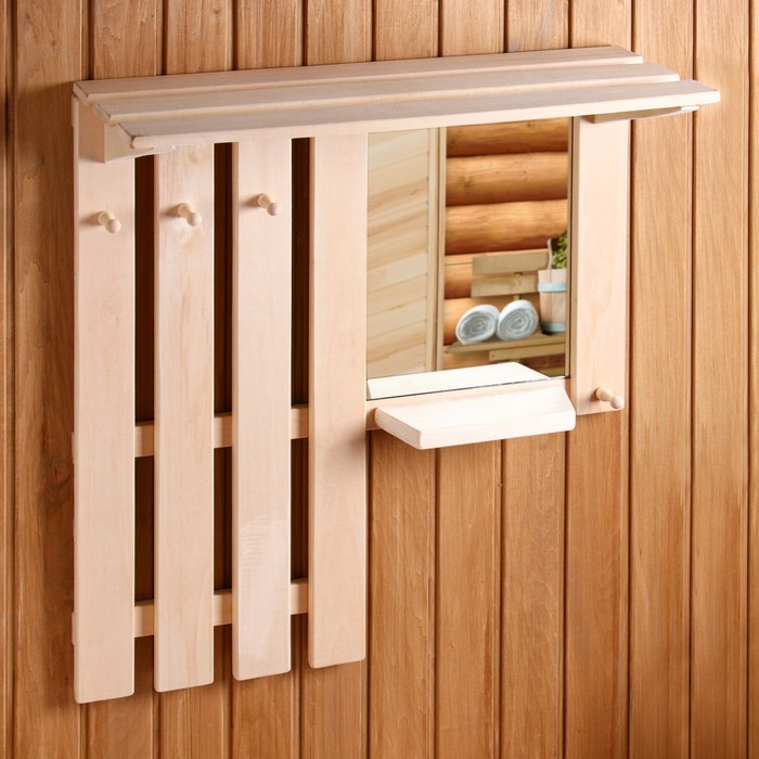 Полка вешалка с зеркалом, большая, 3 крючка Полка вешалка с зеркалом, большая, 3 крючка